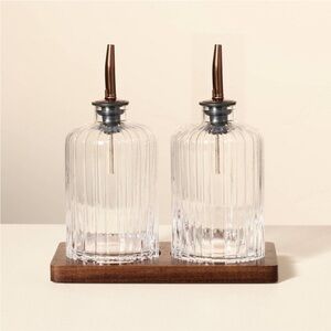 Hearth & Hand Magnolia Oil & Vinegar Ribbed Glass Bottle Set with Wood Base